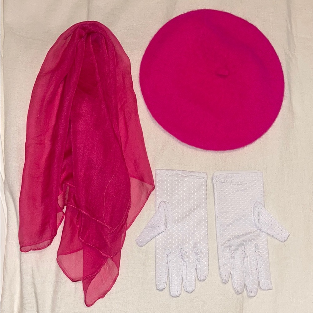 Elegant Pink Beret and Scarf Set with White Gloves